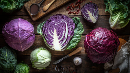 A creative flat-lay of different cabbage varieties, including Napa, Savoy, and red cabbage, arranged on a rustic table with kitchen utensils and ingredients.の素材