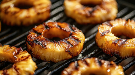 A close-up of pineapple rings grilling on a barbecue, with the heat caramelizing the sugar on the edges, perfect for a summer cookout.の素材