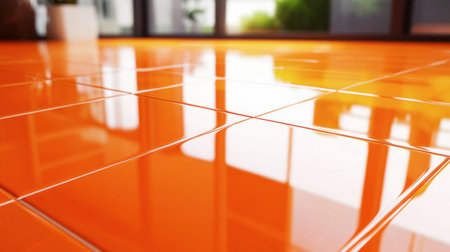 A detailed close-up of an orange tiled floor, showing the glossy finish and neat grout lines, perfect for a contemporary home interior.の素材