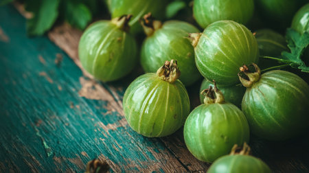 A close-up of fresh Indian gooseberries on a rustic wooden table, showcasing their green, wrinkled skin and unique texture with a natural and organic backdrop.の素材