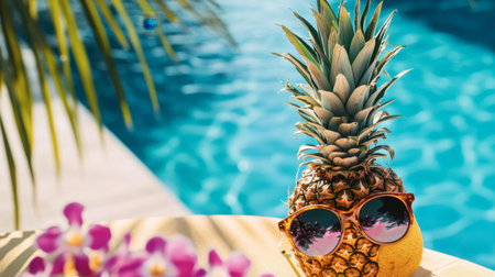 A fun summer scene with a pair of sunglasses on a pineapple, placed poolside, evoking a playful, vacation-ready vibe under the warm sun.の素材