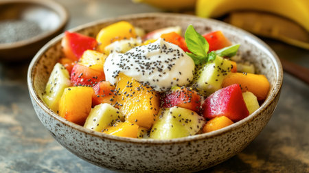 A bowl of fruit salad topped with a sprinkle of chia seeds and a dollop of yogurt, set against a rustic kitchen counter with a cheerful and healthy vibe.の素材
