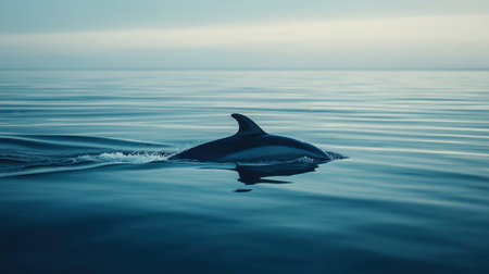 A close-up of a dolphin dorsal fin cutting through the calm sea, with the vast horizon in the background, symbolizing freedom.の素材