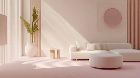 A modern living room with a light pink floor, minimalist furniture, and soft pastel decor, creating a calming and elegant environment.の素材