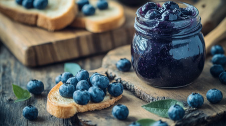A rustic table setting with a jar of homemade blueberry jam, fresh blueberries, and a slice of buttered toast, ready for a delicious snack.の素材