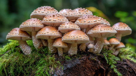 A cluster of shiitake mushrooms growing on a log in a forest, surrounded by moss and natural foliage, capturing the essence of wild foraging.の素材