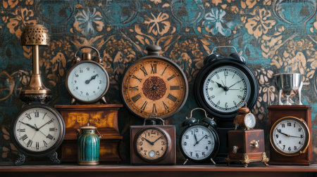 A collection of various clocks, including analog, digital, and decorative styles, arranged on a shelf against a stylish, patterned background for a dynamic visual effect.の素材