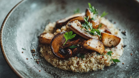 A gourmet dish featuring roasted shiitake mushrooms, garnished with fresh herbs and served alongside a bed of quinoa on an elegant, minimalist plate.の素材