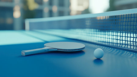 A close-up of a ping pong paddle resting on a blue table, with a single ball positioned near the net, evoking a calm, ready-to-play vibe.の素材
