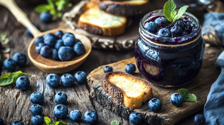 A rustic table setting with a jar of homemade blueberry jam, fresh blueberries, and a slice of buttered toast, ready for a delicious snack.の素材