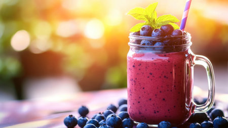 A refreshing blueberry smoothie in a mason jar, topped with fresh blueberries and mint leaves, served on a bright, sunlit patio.の素材