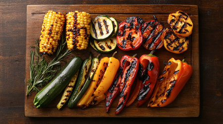 A flat-lay of various grilled vegetables, including bell peppers, corn, and zucchini, perfectly charred and arranged on a wooden serving board.の素材