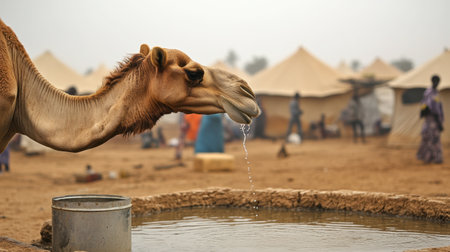 A close-up of a camel drinking water from a trough in a desert village, its long neck extended, with a backdrop of tents and local people going about their day.の素材