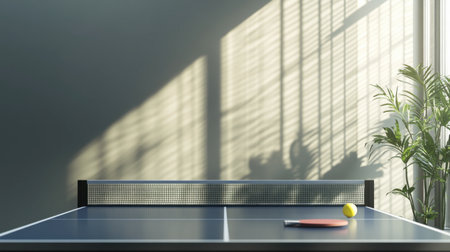 A minimalist setup of a ping pong table in an office break room, with paddles and a ball neatly placed, ready for a casual game.の素材