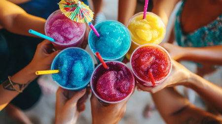A group of friends toasting with colorful slushies, each in a different flavor--blue raspberry, mango, and strawberry--served in fun cups with umbrella straws.の素材