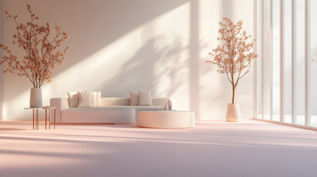 A modern living room with a light pink floor, minimalist furniture, and soft pastel decor, creating a calming and elegant environment.の素材