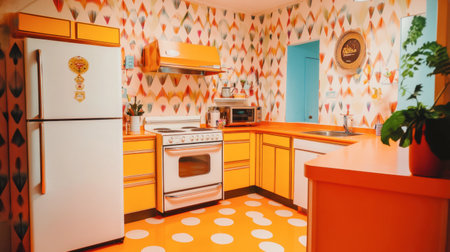 A retro-themed kitchen with an orange linoleum floor, vintage appliances, and bold geometric patterns on the walls, bringing back a 70s aesthetic.の素材