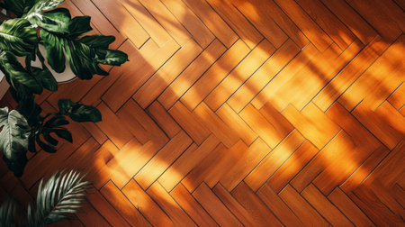 A top-down shot of an orange wooden parquet floor with intricate patterns, adding warmth and texture to a stylish interior design.の素材