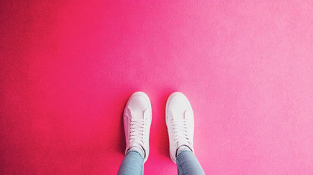 A top-down view of a smooth pink floor with a pair of white sneakers, showcasing a vibrant and modern interior design.の素材
