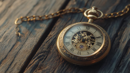 A vintage pocket watch with a detailed gold finish and chain, resting on an antique wooden surface, evoking a sense of nostalgia and elegance.の素材