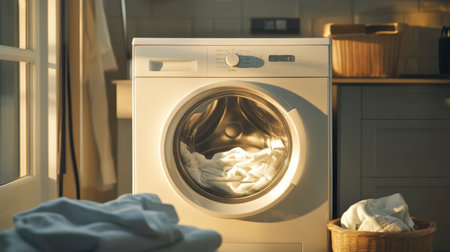A washing machine with a front-loading design, displaying a cycle in progress through the clear door, and a pile of clean, folded laundry neatly arranged on a nearby surface.の素材