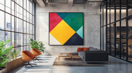 An abstract digital artwork featuring bold geometric shapes and vibrant colors, displayed on a modern office wall, adding a contemporary touch to the design studio.の素材