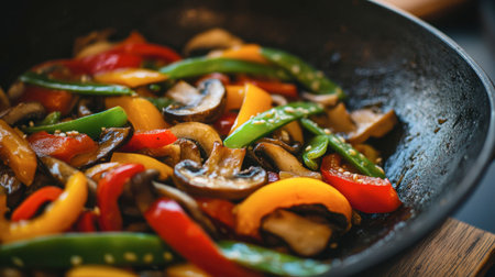 A vibrant shiitake mushroom stir-fry served in a wok, mixed with colorful bell peppers, snow peas, and a savory sauce, ready for serving.の素材