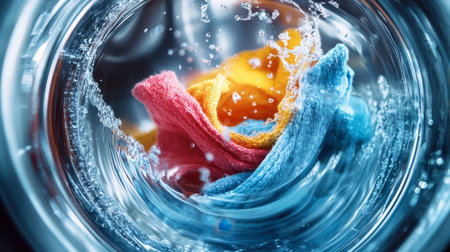 An interior shot of a washing machine drum with water and detergent, showcasing the washing process and a few colorful clothes swirling inside.の素材