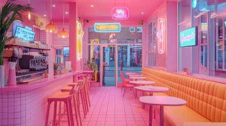 A vibrant cafe interior featuring a pink tiled floor, trendy furniture, and neon signs, creating a fun and Instagram-worthy spot.の素材