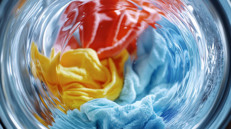 An interior shot of a washing machine drum with water and detergent, showcasing the washing process and a few colorful clothes swirling inside.の素材