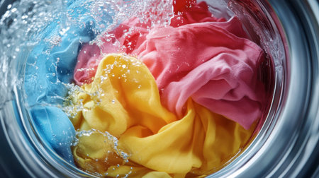 An interior shot of a washing machine drum with water and detergent, showcasing the washing process and a few colorful clothes swirling inside.の素材