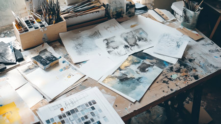An artists workspace with various types of paper, including sketchpads, watercolor paper, and drafting sheets, scattered around.の素材