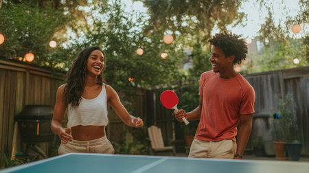 Two friends laughing and playing a casual ping pong game in a backyard, paddles raised and the ball flying between them in a fun, outdoor setting.の素材