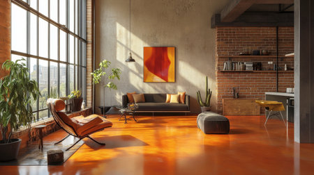 An industrial-style room with an orange concrete floor, exposed brick walls, and minimalist furniture, creating a chic and urban vibe.の素材