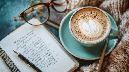 An overhead shot of a coffee cup with frothy milk on a saucer, surrounded by a notebook, pen, and glasses, ready for a productive day.の素材