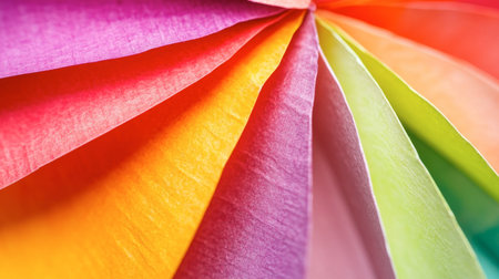 Close-up of colorful crafting paper arranged in a fan, highlighting the variety of textures and vibrant hues for creative projects.の素材