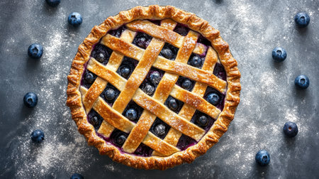 An overhead shot of a blueberry pie with a golden lattice crust, fresh out of the oven, surrounded by scattered fresh blueberries and a dusting of flour.の素材