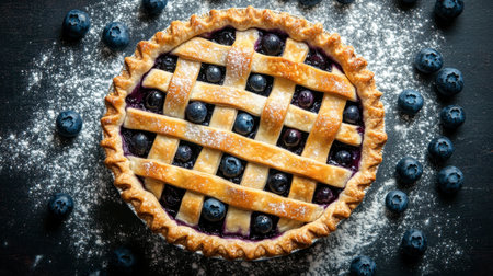 An overhead shot of a blueberry pie with a golden lattice crust, fresh out of the oven, surrounded by scattered fresh blueberries and a dusting of flour.の素材