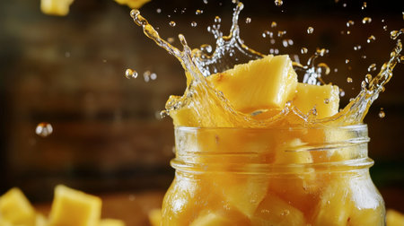 An artistic arrangement of fresh pineapple pieces cascading into a clear glass jar, with splashes of juice frozen mid-air.の素材