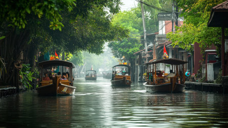 A Bangkok canal, with longtail boats transporting passengers along the traditional waterways.の素材