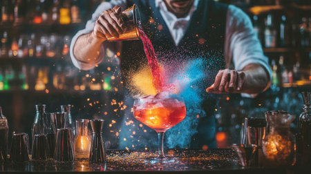 A bartender mixing a vibrant colored cocktail with a flourish, surrounded by an array of bottles and ingredients.の素材