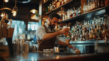 A bartender crafting a signature cocktail with flair, surrounded by a well-stocked bar and lively atmosphere.の素材