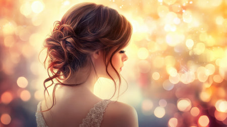 A beautiful-haired woman at a formal event, her hair styled in elegant waves, complementing her evening gown.の素材