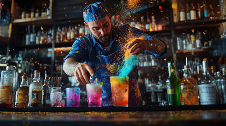 A bartender mixing a vibrant colored cocktail with a flourish, surrounded by an array of bottles and ingredients.の素材