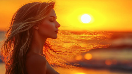 A beautiful-haired woman on a beach at sunset, her hair glowing with the warm tones of the setting sun.の素材