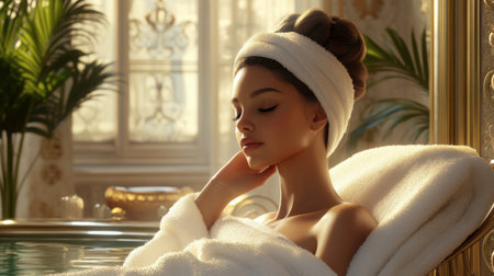 A beautiful-haired woman enjoying a spa day, her hair wrapped in a towel as she relaxes in a serene setting.の素材