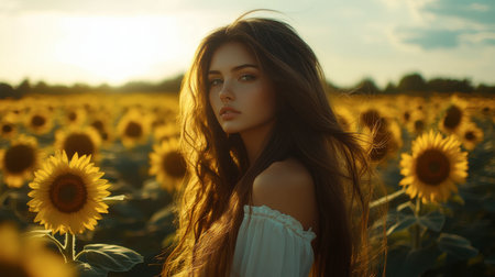 A beautiful-haired woman standing in a sunflower field, her long, wavy hair cascading over her shoulders.の素材
