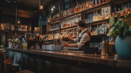 A bartender crafting a signature cocktail with flair, surrounded by a well-stocked bar and lively atmosphere.の素材