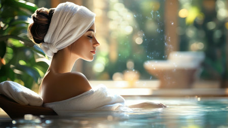 A beautiful-haired woman enjoying a spa day, her hair wrapped in a towel as she relaxes in a serene setting.の素材