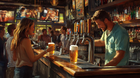 A bartender pouring a cold draft beer from a tap, with a lively pub scene and patrons enjoying their drinks.の素材